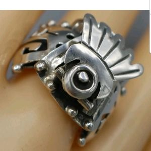 Vtg Mexico Sterling Silver Art Deco Tribal 3-D Adjustable Poison Ring TAXCO Rare